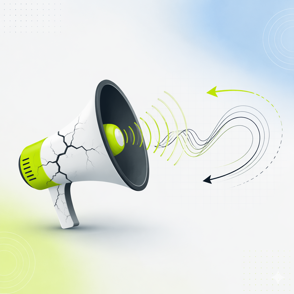 A cracked megaphone emitting sound waves that bend and reverse direction midair.