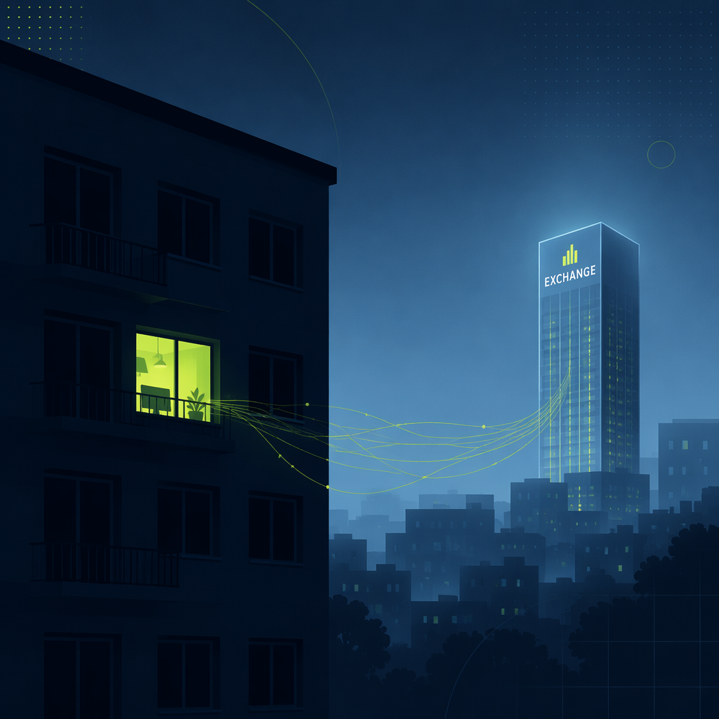A single lit window in a dark apartment block at night, a tangle of cables running from it toward a distant glowing exchange tower.
