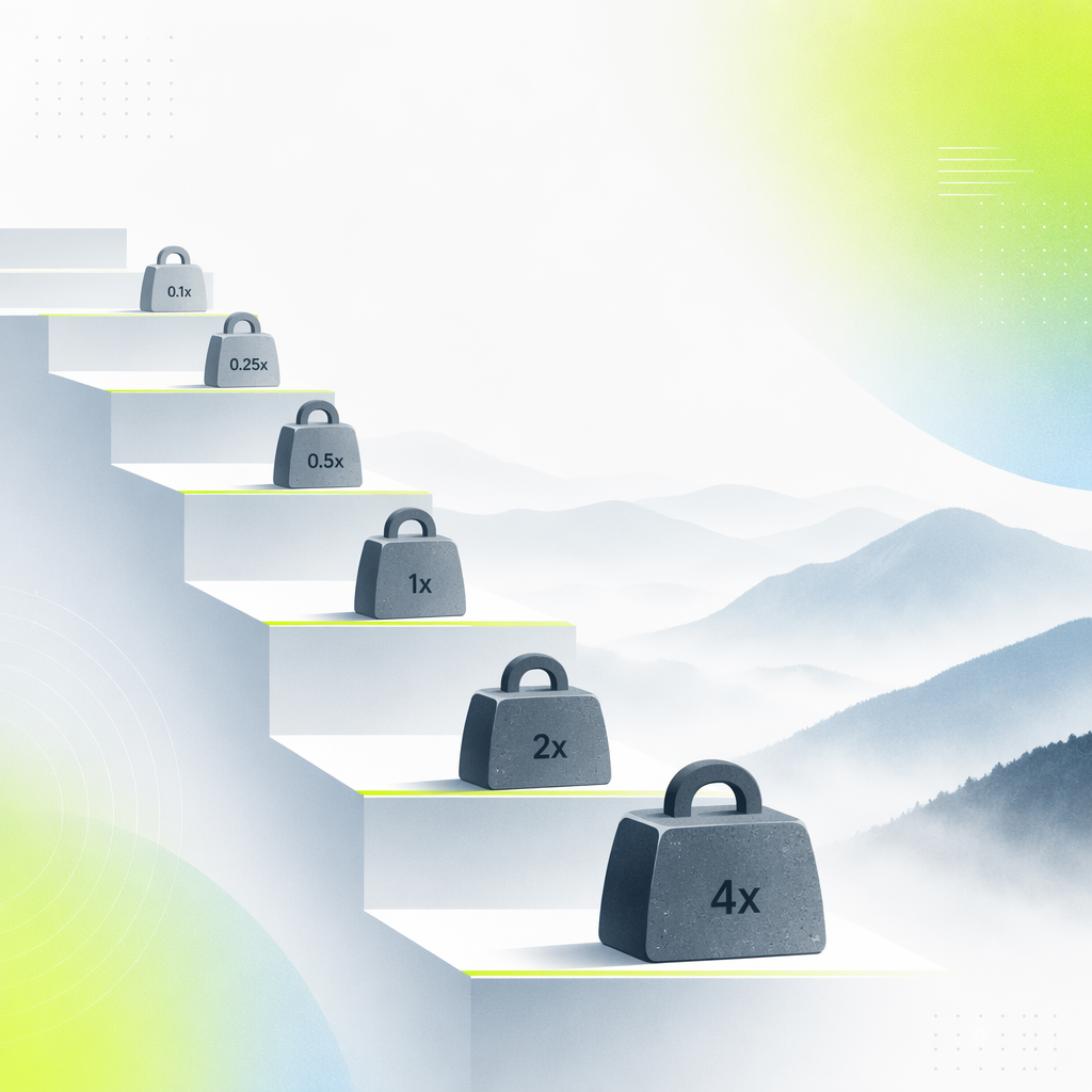 A staircase descending into a misty valley, each step wider and carrying a progressively heavier stone weight, evoking scaled entries deeper