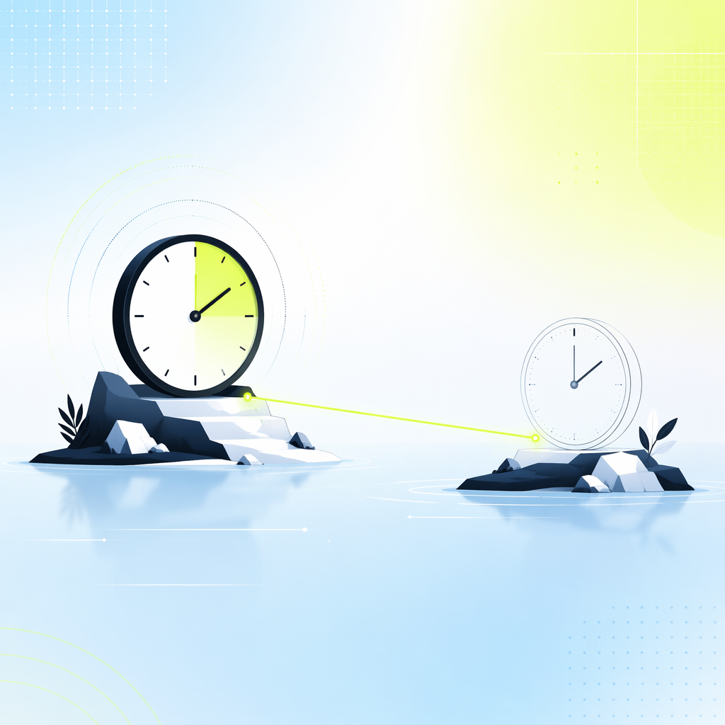 Two clocks on separate islands connected by a taut luminous thread, one ticking while the other waits, evoking conditions that span venues a