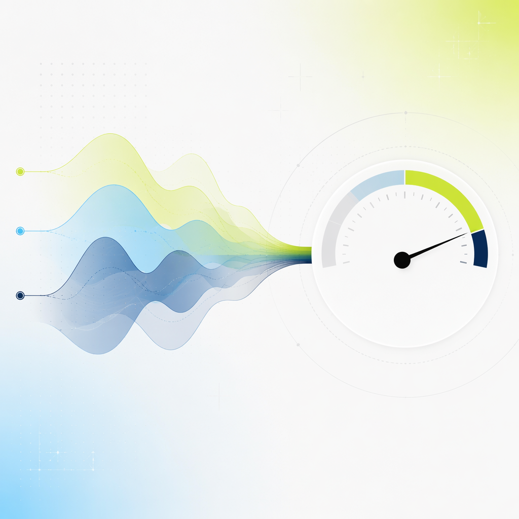 Three translucent layered waveforms in different colors merging into a single composite gauge with a needle resting near an extreme zone.