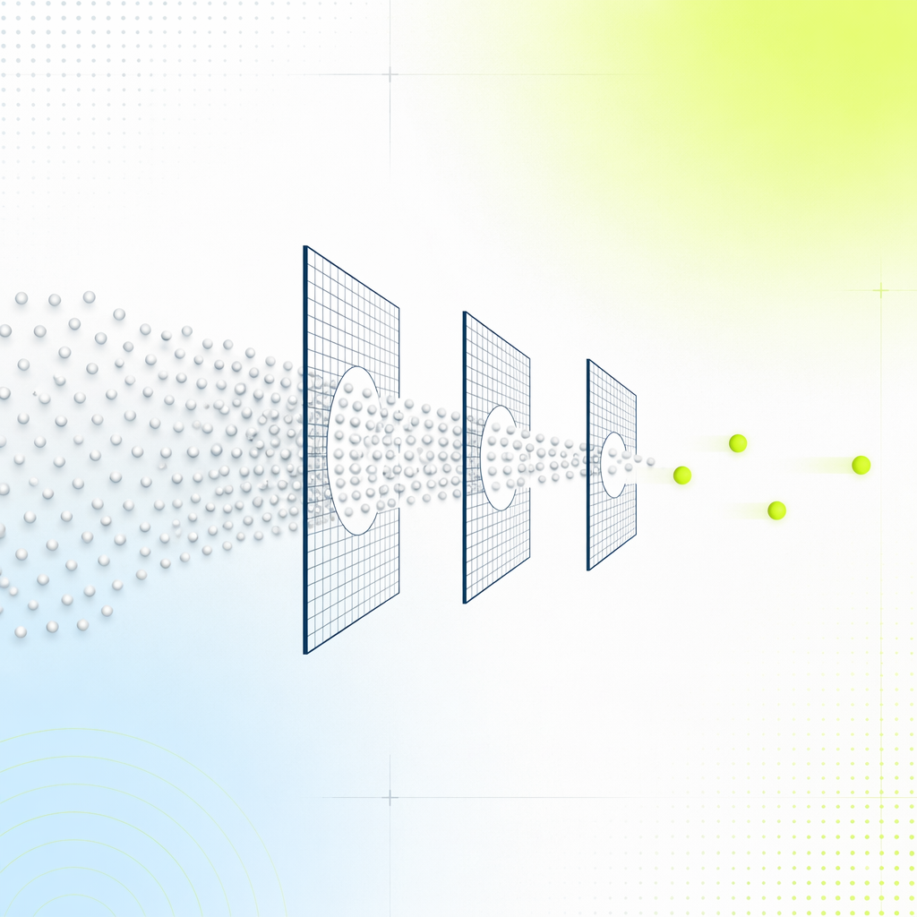 A dense stream of identical particles passing through a series of narrowing mesh filters, with only a few particles emerging marked and glow