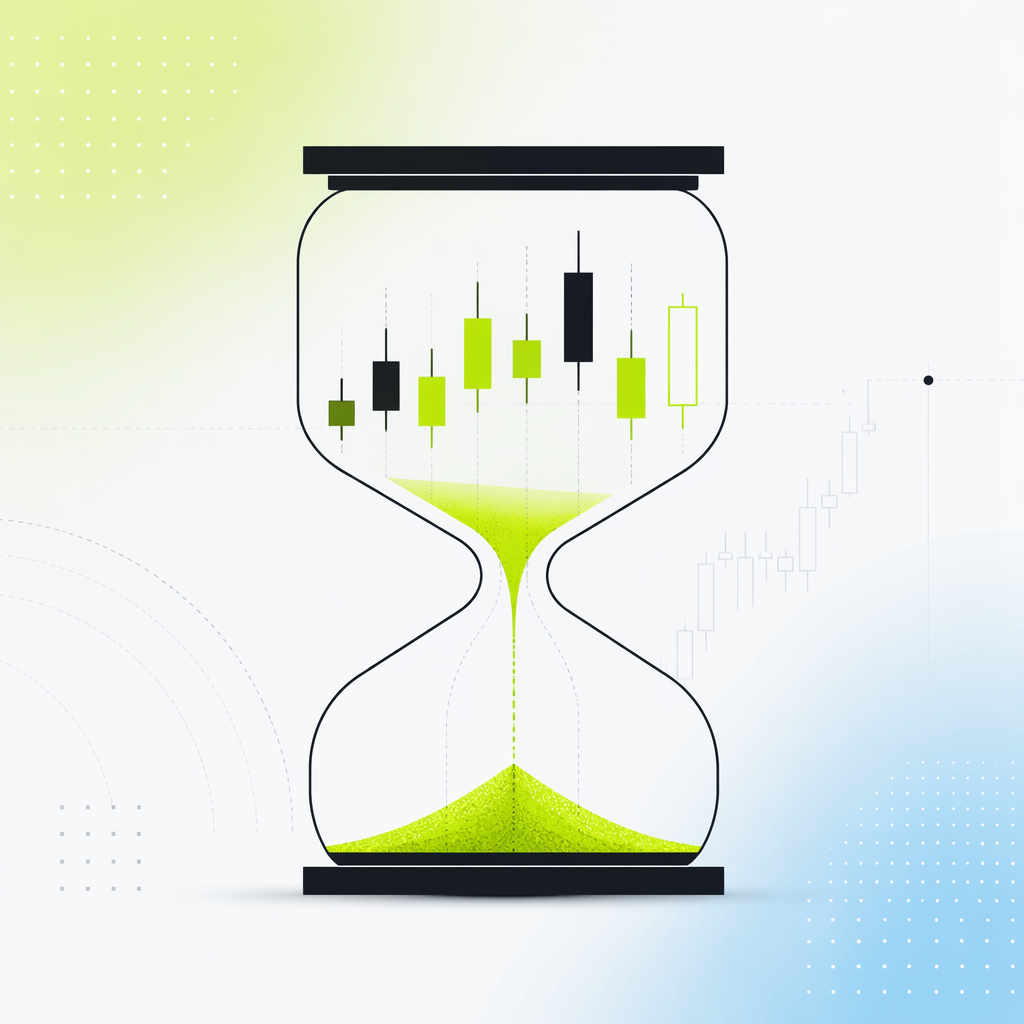 An hourglass fused with a candlestick chart, sand settling only when each candle completes.