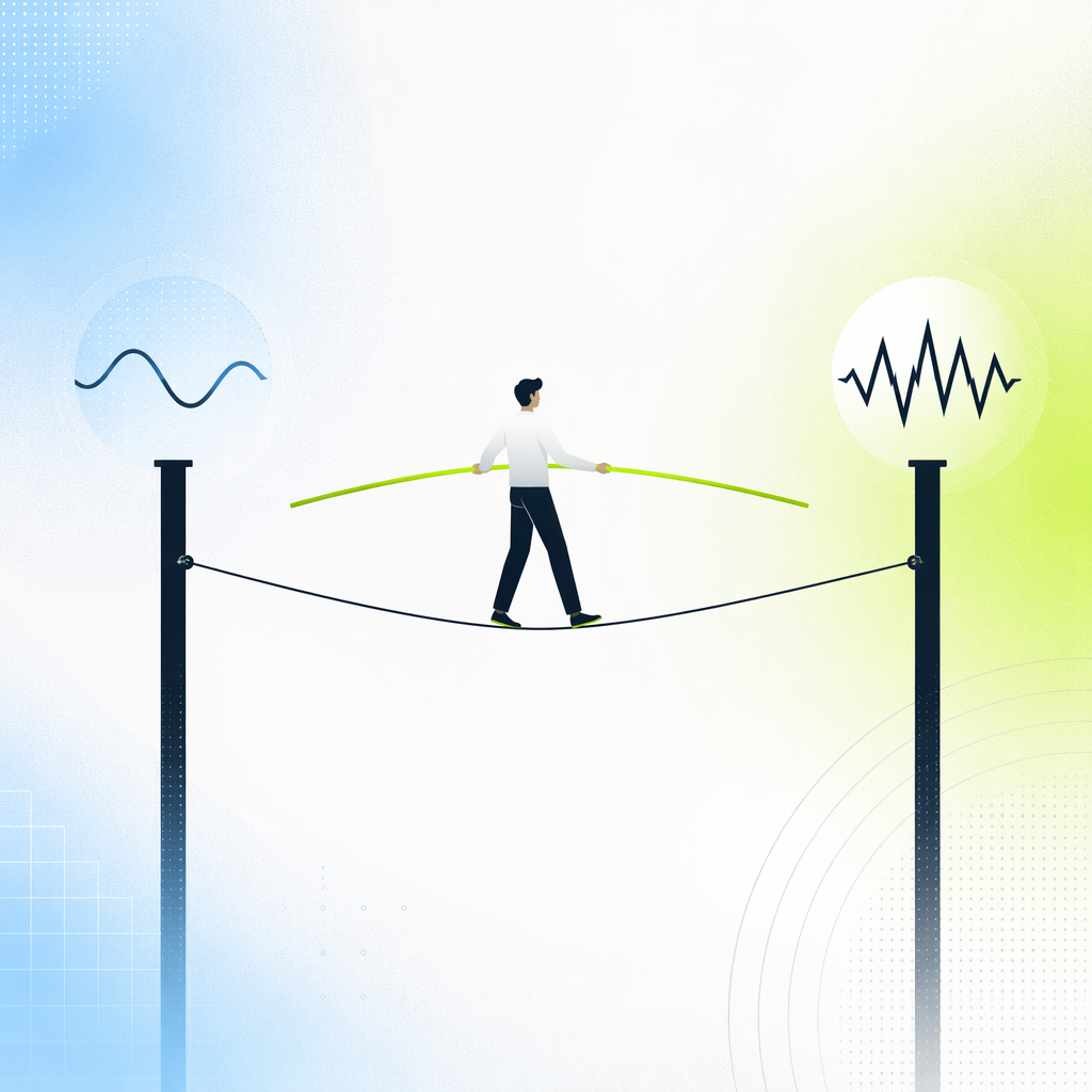A tightrope walker balancing between two poles labeled with abstract wave patterns, one calm and one jagged.