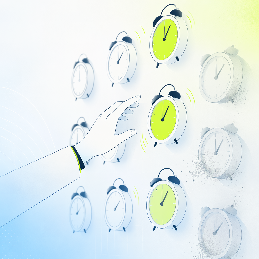 A wall of ringing alarm clocks with one hand reaching toward them, several clocks already silenced and gathering dust.
