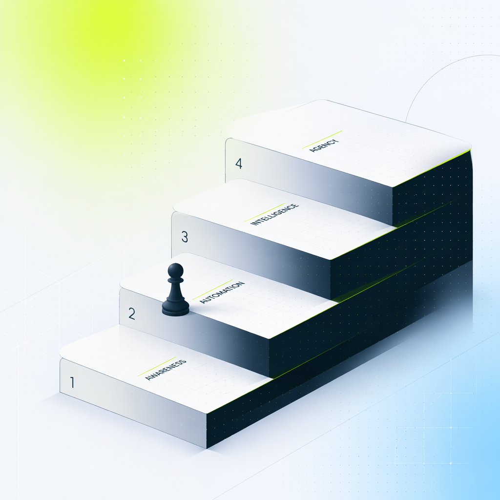 A staircase of four ascending platforms, each step wider and more reinforced than the last, with a small figure of a chess pawn climbing the