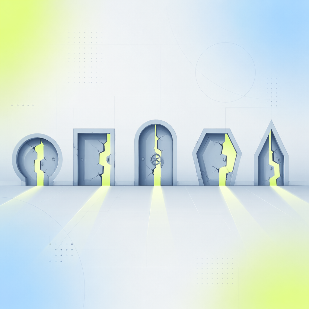 A row of five cracked doorways of different shapes, each leaking a thin beam of light, representing distinct attack paths into the same vaul