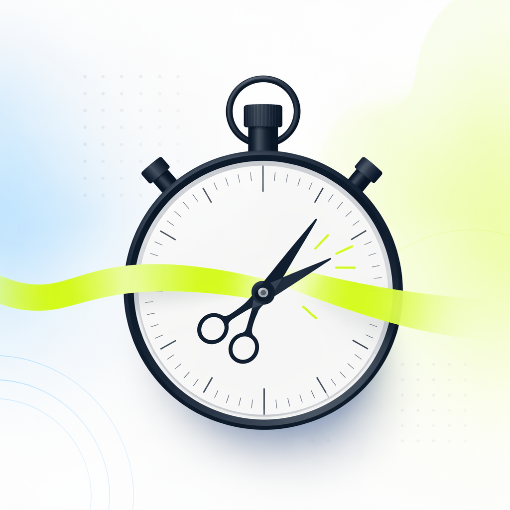 A stopwatch whose second hand is a pair of scissors mid-cut through a glowing ribbon, evoking timed revocation of access.