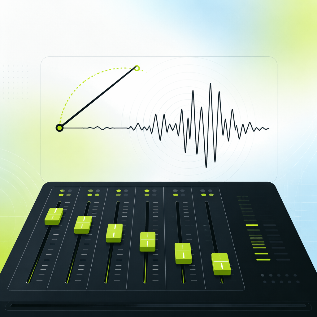 A concert hall mixing desk with faders sliding down on their own as a seismograph needle above them swings wider, evoking exposure reduced a