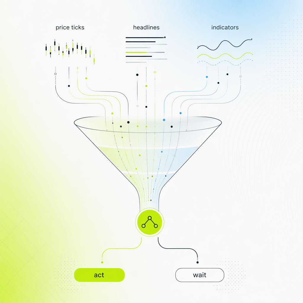 A funnel taking in streams of price ticks, headlines, and indicator lines, narrowing to a single decision node with two exits, one labeled a