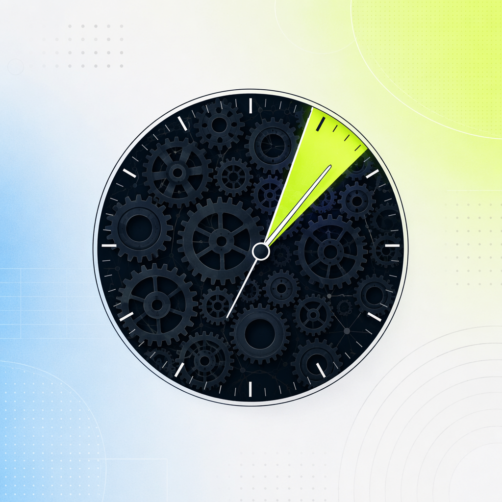 A clock face where most hour segments are filled with interlocking gears and one thin wedge remains open and lit, suggesting the small human
