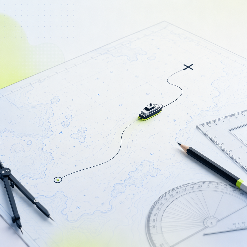 A hand-drawn nautical chart with a plotted route and a small autonomous vessel following the pencil line, the drafting tools still on the ta
